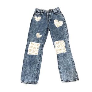 PACSUN High Rise Straight Leg Jeans Size 24 Blue Acid Wash Teddy Bear Patchwork